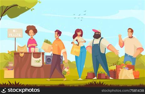 Zero waste market background with organic bag and package symbols flat vector illustration