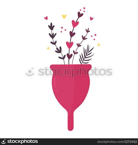 Zero waste menstrual cup with flowers and leaves isolated on white background. Zero waste menstrual cup with flowers and leaves
