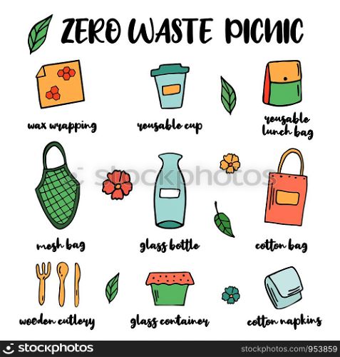 Zero Waste picnic or travel starter with hand drawn elements. Go green. No plastic, no waste. Zero Waste picnic or travel starter. Vector illustration