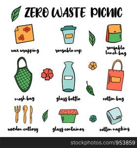 Zero Waste picnic or travel starter with hand drawn elements. Go green. No plastic, no waste. Zero Waste picnic or travel starter. Vector illustration