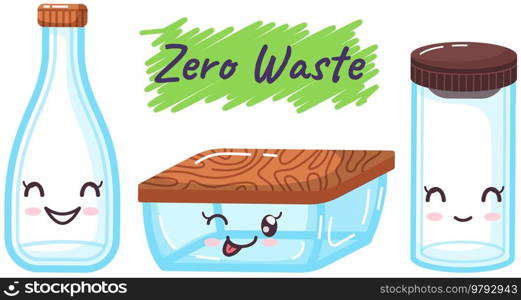 Zero waste poster in cute kawaii style. Reuse of plastic, save planet and environment concept. Glass containers with smiling faces, emotions. Japanese culture symbol anime design, positive emotion. Zero waste poster in cute kawaii style. Glass containers with smiling faces, positive emotions