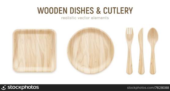 Zero waste realistic ecological wooden kitchen set with square dish round plate and cutlery vector illustration