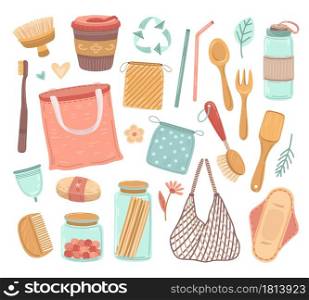 Zero waste. Reusable objects, ecology life and reduce plastic wastes. Recycle glass, shopping bag, bio bottle cutlery vector illustration. Bio and eco straw and elements ecological. Zero waste. Reusable objects, ecology life and reduce plastic wastes. Recycle glass, shopping bag, bio bottle cutlery vector illustration