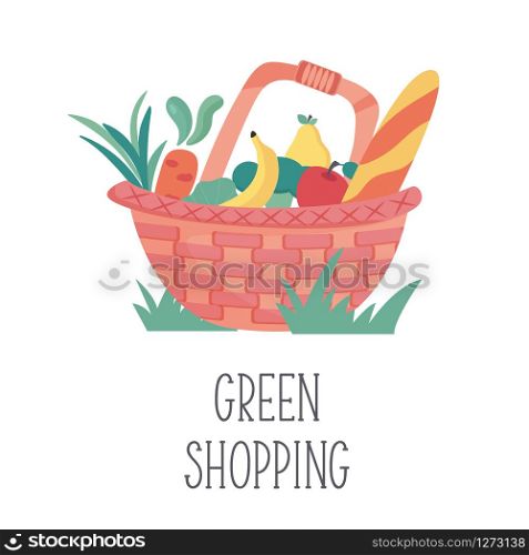 Zero waste shopping in own basket isolated on white background. Go green. No plastic concept. Zero waste shopping in own basket. No plastic.