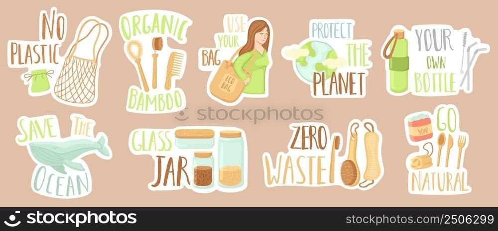 Zero waste stickers. Bamboo kitchen items, ocean and earth clean. Reusable element and sorting garbage, save environment. Eco consumption vector badges. Illustration of stickers recycle and zero waste. Zero waste stickers. Bamboo kitchen items, ocean and earth clean. Reusable elements and sorting garbage, save environment. Eco consumption neat vector badges