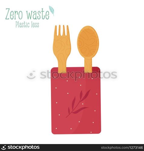 Zero waste wooden cutlery fork and spoon isolated on white background. Zero waste wooden cutlery fork and spoon