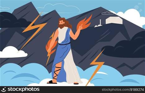 Zeus figure. Ancient Greek god. Devine religious character throws fire and lightning from Olympus. Titanomachy legend. Mythological Roman Jupiter. Antique temple. Greece deity. Garish vector concept. Zeus figure. Ancient Greek god. Devine religious character throws fire and lightning from Olympus. Titanomachy legend. Mythological Roman Jupiter. Greece deity. Garish vector concept