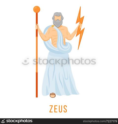 Zeus flat vector illustration. Ancient Greek deity. God of sky, thunder and lightning. King, ruler of Olympus. Mythology. Divine mythological figure. Isolated cartoon character on white background. Zeus flat vector illustration