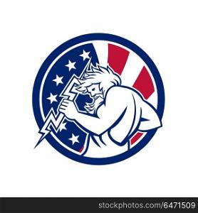 Zeus With Thunderbolt USA Flag Icon. Icon retro style illustration of Greek god Zeus, god of sky and thunder holding thunderbolt with United States of America USA star spangled banner stars and stripes flag in circle isolated background.. Zeus With Thunderbolt USA Flag Icon