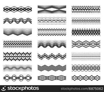 Zigzag and wavy line pattern set. Zigzag and wavy line pattern set isolated on white background. Vector zig zag print seamless patterns for herringbone and ribbon with brushes