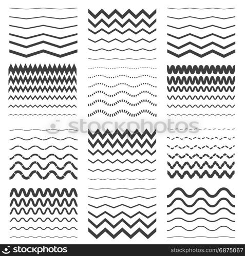 Zigzag and wavy line patterns set. Zigzag and wavy line patterns set. Vector decorative zig zag edge borders isolated on white background
