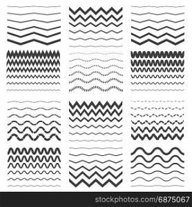 Zigzag and wavy line patterns set. Zigzag and wavy line patterns set. Vector decorative zig zag edge borders isolated on white background