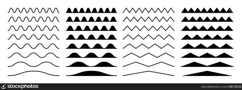 Zigzag borders. Jagged wavy decorations, serrate wave stripes. Isolated black squiggle headers or dividers, paper edge decorative footer vector set. Illustration curve line wave, horizontal, divider. Zigzag borders. Jagged wavy decorations, serrate wave stripes. Isolated black squiggle headers or dividers, paper edge decorative footer vector set