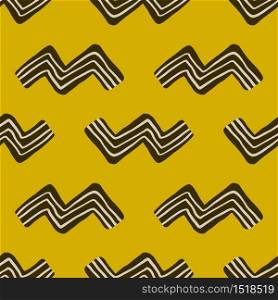 Zigzag doodle pattern on yellow background. Modern line art wallpaper. Decorative backdrop for fabric design, textile print, wrapping, cover. Handmade drawing vector illustration.. Zigzag doodle pattern on yellow background. Handmade drawing vector illustration. Modern line art wallpaper.
