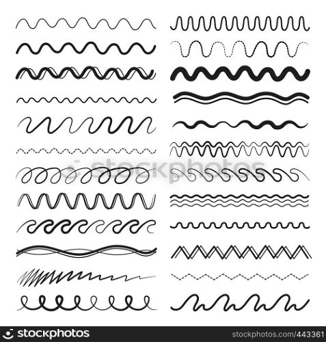 Zigzag or wavy lines in different style and variations. Vector hand drawing line paintbrush wave and zig zag illustration. Zigzag or wavy lines in different style and variations. Vector hand drawing pictures