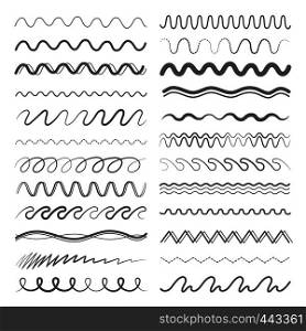 Zigzag or wavy lines in different style and variations. Vector hand drawing line paintbrush wave and zig zag illustration. Zigzag or wavy lines in different style and variations. Vector hand drawing pictures
