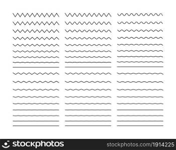 Zigzag wave. Wavy line. Undulate zigzag. Curve and squiggle line. Wiggly pattern for divider, sine and border. Serrated pattern with different amplitude. Parallel graphic zig zag. Vector.. Zigzag wave. Wavy line. Undulate zigzag. Curve and squiggle line. Wiggly pattern for divider, sine and border. Serrated pattern with different amplitude. Parallel graphic zig zag. Vector