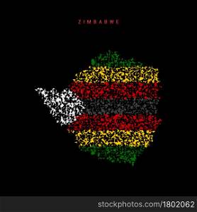 Zimbabwe flag map, chaotic particles pattern in the colors of the Zimbabwean flag. Vector illustration isolated on black background.. Zimbabwe flag map, chaotic particles pattern in the Zimbabwean flag colors. Vector illustration