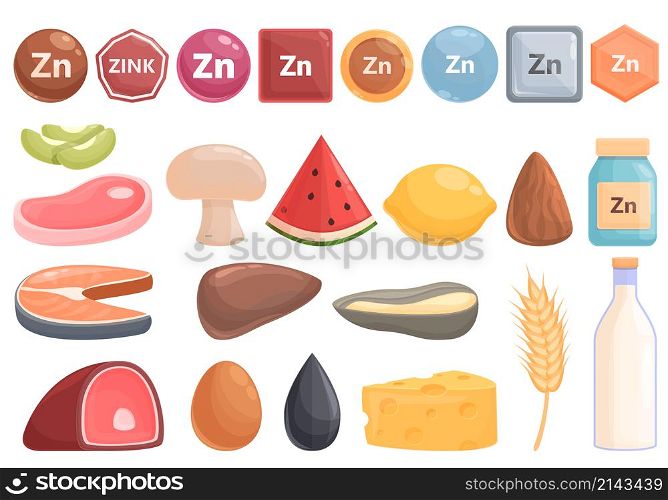Zinc icons set cartoon vector. Mineral suplement. Vitamin food. Zinc icons set cartoon vector. Mineral suplement