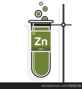 Zinc symbol on label in a green test tube with holder. Element number 30 of the Periodic Table of the Elements - Chemistry