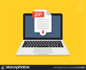 Zip document. Download zip file in computer. Icon of upload in laptop. Digital file from internet. Click to save of document with data. Vector.