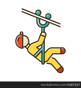 Zip line color icon. Canopy tour. Person with pulley on cable. Wire descend. Man sliding down rope. Extreme sport. Isolated vector illustration