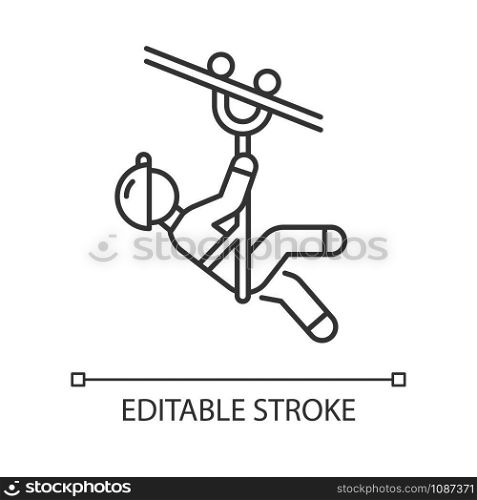 Zip line linear icon. Canopy tour. Person with pulley on cable. Wire descend. Man sliding down rope. Thin line illustration. Contour symbol. Vector isolated outline drawing. Editable stroke