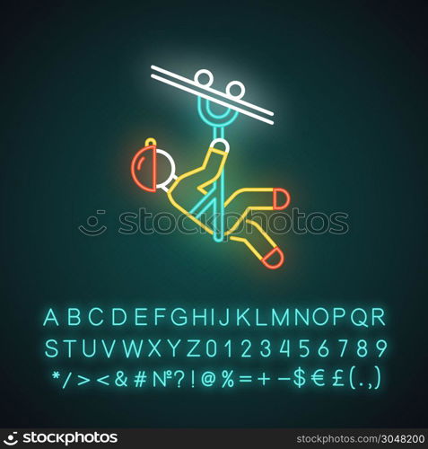 Zip line neon light icon. Canopy tour. Person with pulley on cable. Wire descend. Man sliding down rope. Extreme sport. Glowing sign with alphabet, numbers and symbols. Vector isolated illustration