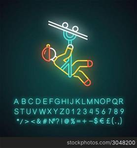 Zip line neon light icon. Canopy tour. Person with pulley on cable. Wire descend. Man sliding down rope. Extreme sport. Glowing sign with alphabet, numbers and symbols. Vector isolated illustration