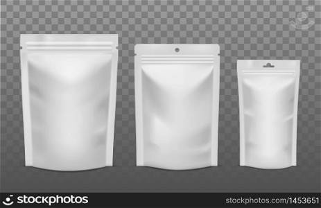 Zip package. Blank foil bags of different size, plastic sachet pouch for coffee, candy or nuts. Packaging for advertising vector isolated mockups. Zip package. Blank foil bags of different size, plastic sachet pouch for coffee, candy or nuts. Packaging for advertising vector mockups