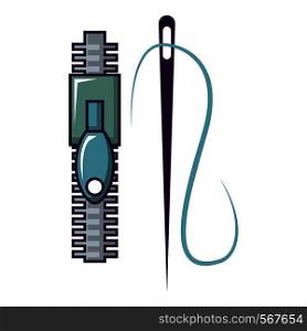 Zipper and needle icon. Cartoon illustration of zipper and needle vector icon for web design. Zipper and needle icon, cartoon style