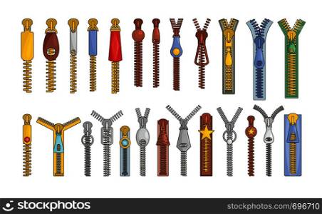 Zipper puller lock icons set. Cartoon illustration of 32 zipper puller button lock vector icons for web. Zipper puller lock icons set, cartoon style