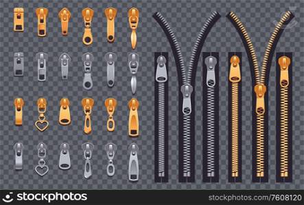 Zipper realistic set of isolated silver and golden slide fastener elements on transparent background with sliders vector illustration