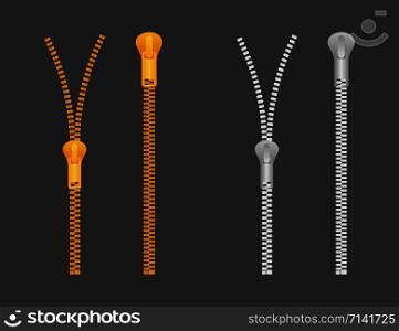 zippers type set fastener. Metallic closed and open zippers and pullers. Vector stock illustration.. zippers type set fastener. Metallic closed and open zippers and pullers. Vector illustration.