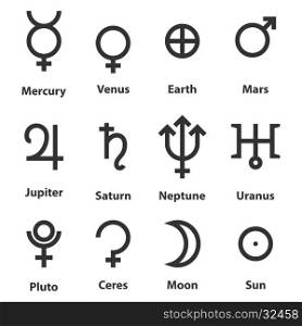 Zodiac and astrology symbols of the planets. Zodiac and astrology symbols of the planets. Vector illustration