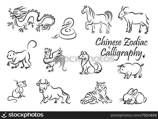 Zodiac animal vector icons of Chinese horoscope New Year symbols. Rat, dragon and dog, pig, tiger and rooster, horse, snake and monkey, ox, goat and rabbit signs, astrology and lunar calendar design. Chinese horoscope zodiac animal symbols