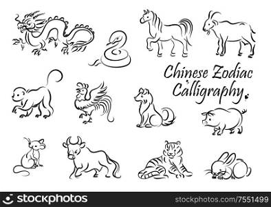 Zodiac animal vector icons of Chinese horoscope New Year symbols. Rat, dragon and dog, pig, tiger and rooster, horse, snake and monkey, ox, goat and rabbit signs, astrology and lunar calendar design. Chinese horoscope zodiac animal symbols
