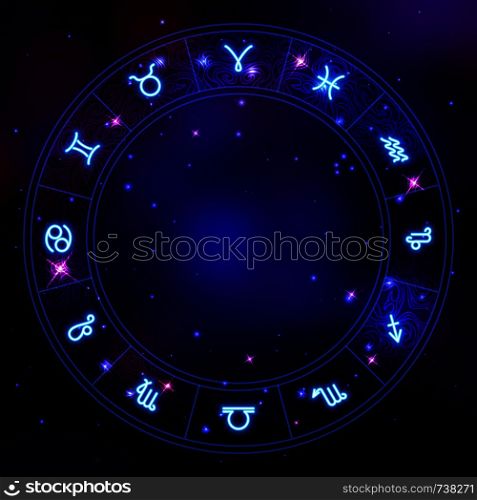 Zodiac circle frame, star constellations, horoscope symbols, vector illustration