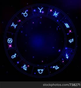 Zodiac circle frame, star constellations, horoscope symbols, vector illustration