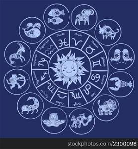 Zodiac circle. Round astrological calendar. Horoscope floral patterned symbols and star constellation signs. Zodiacal animals. Mystical wheel fortune prediction. Freehand blue style. Vector concept. Zodiac circle. Round astrological calendar. Horoscope patterned symbols and star constellation signs. Zodiacal animals. Mystical wheel fortune prediction. Freehand style. Vector concept