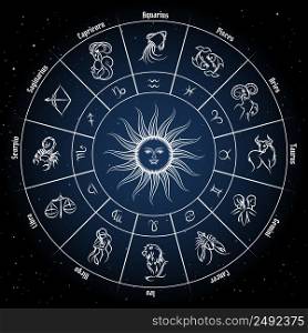 Zodiac circle with horoscope signs. Fish pisces scorpio aquarius zodiak aries virgo. Vector illustration. Zodiac circle with horoscope signs