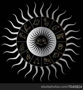 Zodiac circle with horoscope signs. Zodiac circle with horoscope signs. Sun with smile. Vector hand drawn illustration. Boho style
