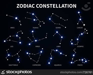 Zodiac constellation. Zodiacal horoscope mystic astrology vector symbols with glowing stars on durck blue background. Zodiac constellation. Zodiacal mystic astrology vector symbols with glowing stars on durck blue background