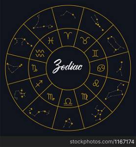 Zodiac constellations and zodiac signs in a circle diagram. Vector set with astrology symbols.. Zodiac constellations and zodiac signs in a circle diagram.