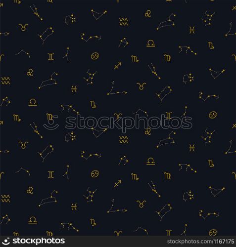 Zodiac constellations and zodiac signs seamless vector pattern. Vector set with astrology symbols.. Zodiac constellations and zodiac signs seamless vector pattern.