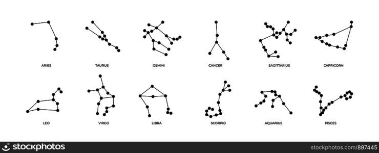 Zodiac constellations. Collection of astrology celestial symbols, linear stars and cosmos signs. Vector illustration structure constellation libra scorpio capricorn gemini cancer set. Zodiac constellations. Collection of astrology celestial symbols, linear stars and cosmos signs. Vector libra scorpio capricorn set