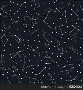 Zodiac constellations seamless pattern. White stars on the dark sky seamless wallpaper. Perfect for banners, posters, prints, fabric, textile, etc.. Zodiac constellations seamless pattern. White stars on the dark sky.