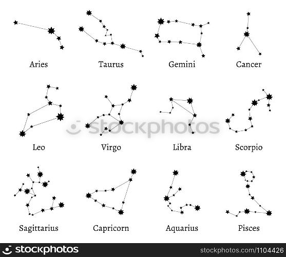 Zodiac constellations. Zodiacal calendar dates, astrological horoscope and stars signs. Astrology star maps, sky constellation or mystic zodiac icons. Isolated vector illustration symbols set. Zodiac constellations. Zodiacal calendar dates, astrological horoscope and stars signs vector illustration set