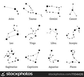 Zodiac constellations. Zodiacal calendar dates, astrological horoscope and stars signs. Astrology star maps, sky constellation or mystic zodiac icons. Isolated vector illustration symbols set. Zodiac constellations. Zodiacal calendar dates, astrological horoscope and stars signs vector illustration set