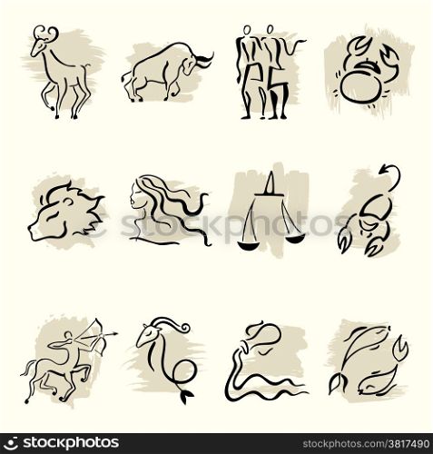 Zodiac. Set of horoscope symbols, white isolated